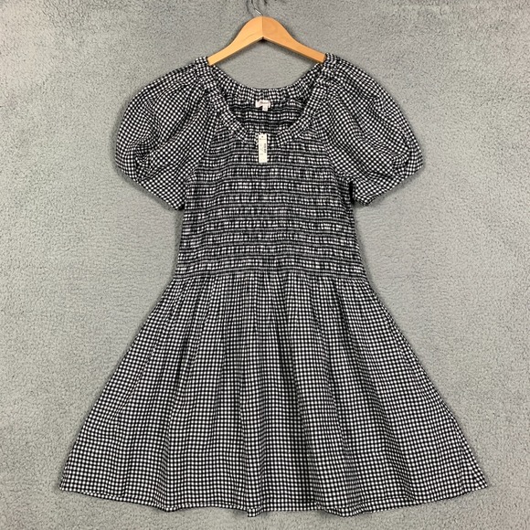 Madewell Mini Dress Size Large Black/White Gingham Smocked U-Neck Linen NWT $119 - Picture 2 of 11